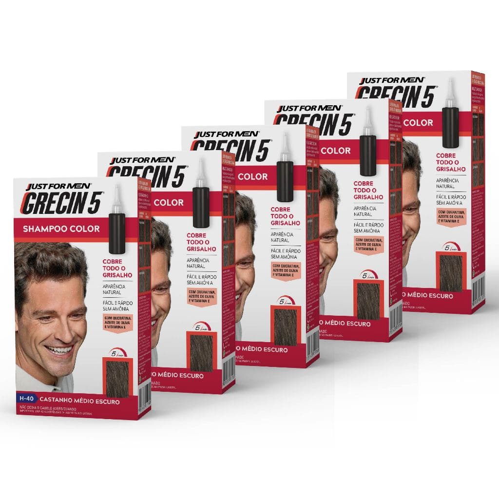 Kit 5x unidades Grecin 5 Shampoo Tintura Tonalizante Castanho Médio Escuro H-40 Cobre os cabelos grisalhos em 5 minutos.