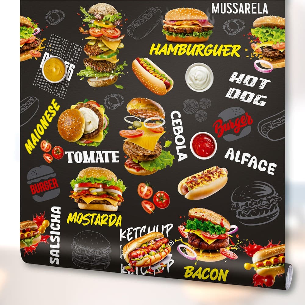 Papel de Parede Adesivo Decoração Cozinha Gourmet Hambúrguer Lanchonete Fast Food Lanche