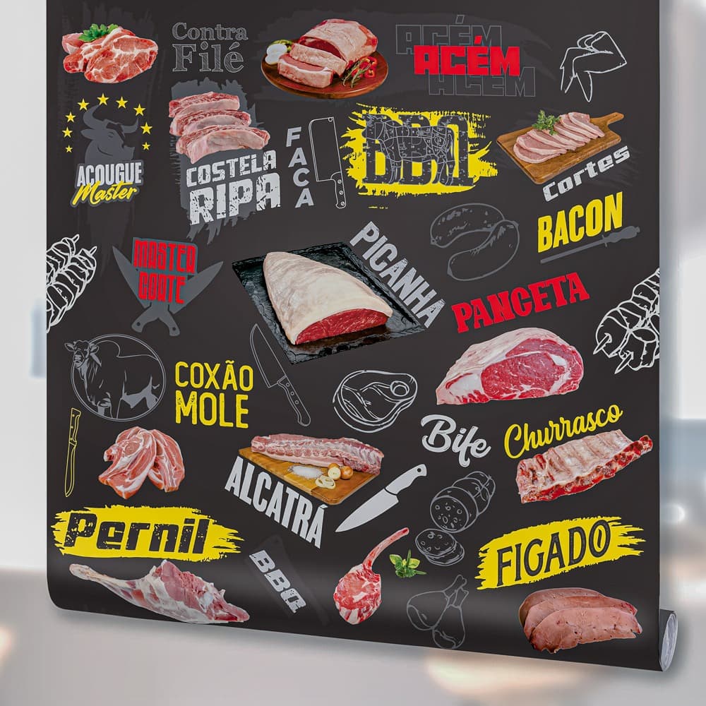 Papel de Parede Adesivo Decoração Açougue Mercado Cortes de Carne Picanha Vinilicio Lávavel
