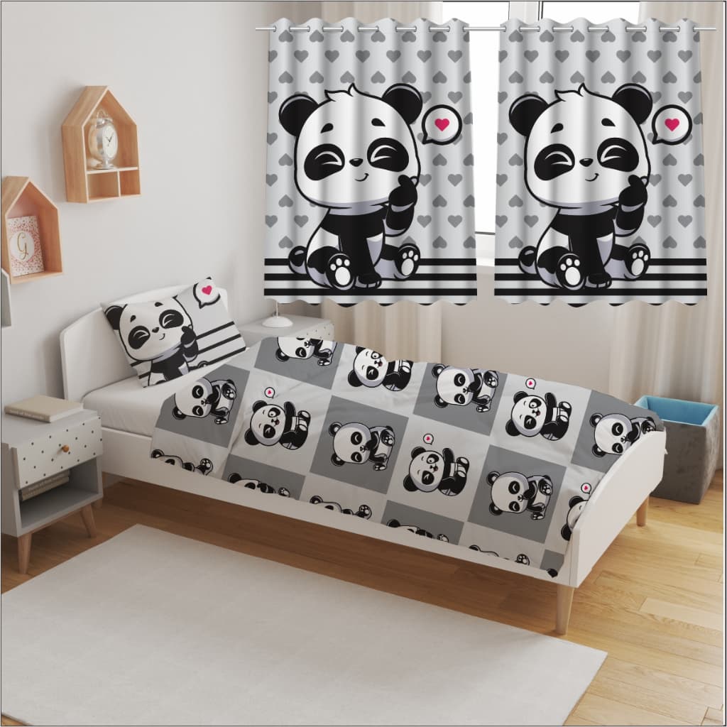 Jogo de Lençol Solteiro Panda Fofo Preto e Branco, Decoração Quarto, ou Cortina, ou Kit Completo