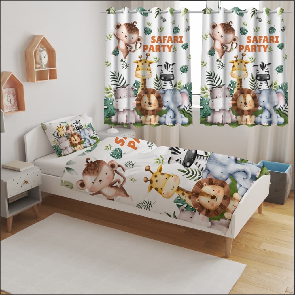 Jogo de Lençol Infantil Safari Animais Fofos, Decoração Quarto Bebê, ou Cortina, ou Kit Completo