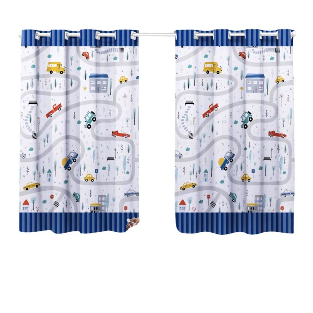 Cortina Quarto Infantil Criança Pequena Varao Simples Decorativa Menino Carros Pista Corrida Azul