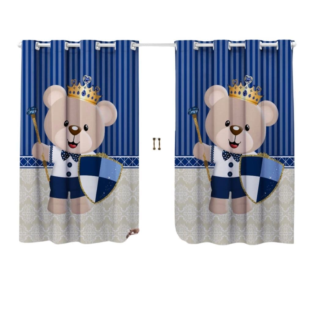 Cortina Quarto Infantil Criança Pequena Berço Americano Nacional Menino Urso Principe Rei Azul Luxo