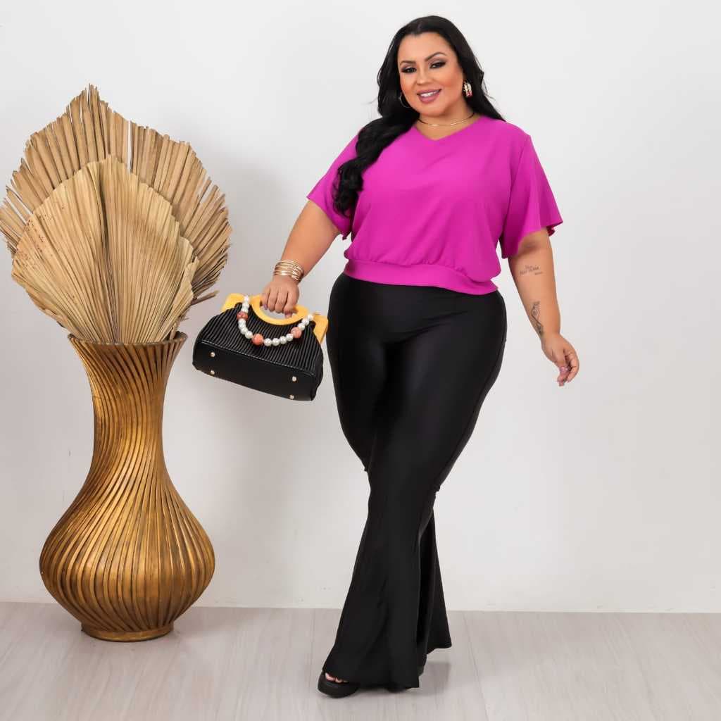 Blusa Cropped Plus Size Manga Decote Gola V Festa Luxo