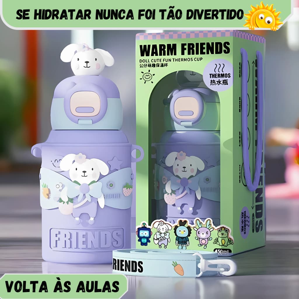 Garrafa térmica infantil Lilás, com alça transversal 450ml volta as aulas, 12horas gelada