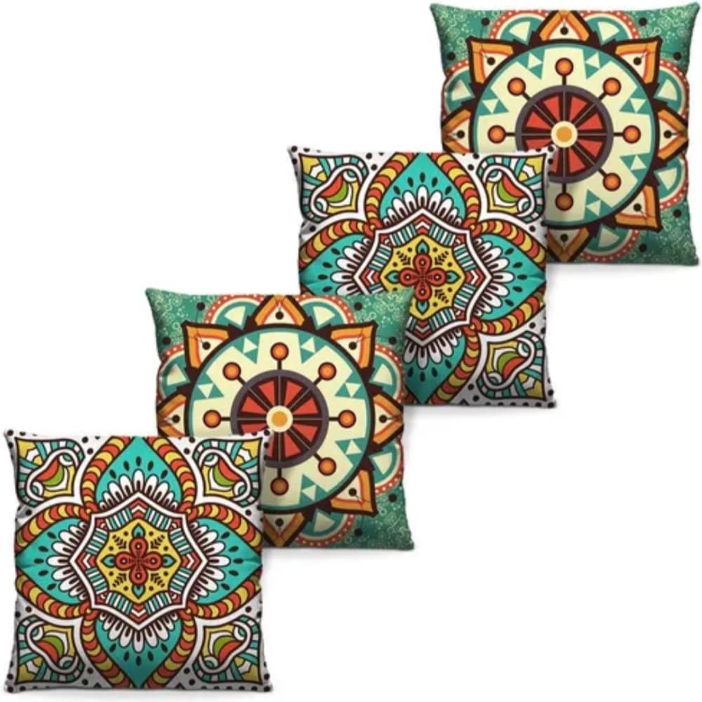 Kit Com 4 Capas P/ Almofadas Decorativas Mandala Verde Mar