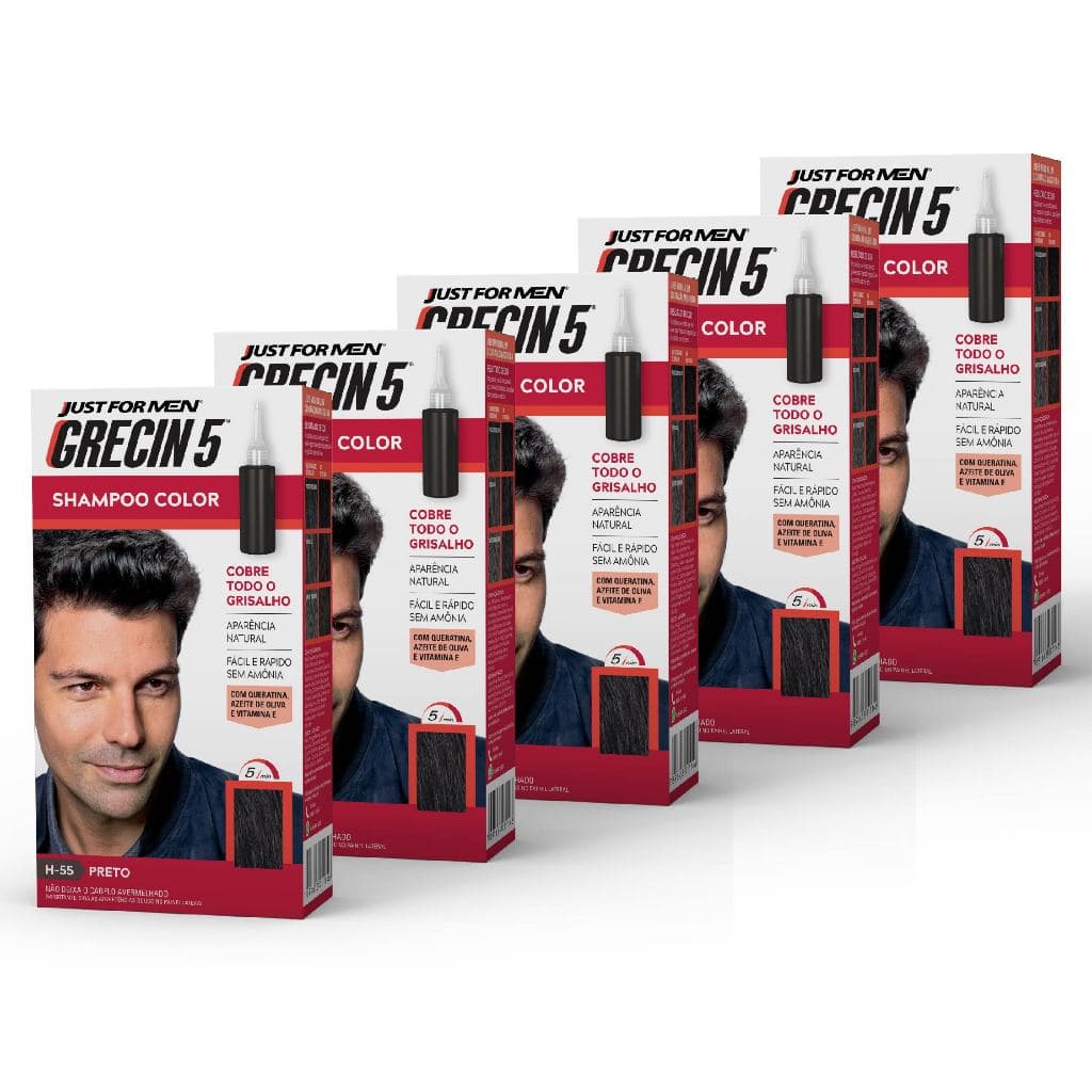 Kit 5x unidades - Grecin 5 Shampoo Tintura Tonalizante Preto H-55 60ml - Cobre os cabelos grisalhos em 5 minutos.