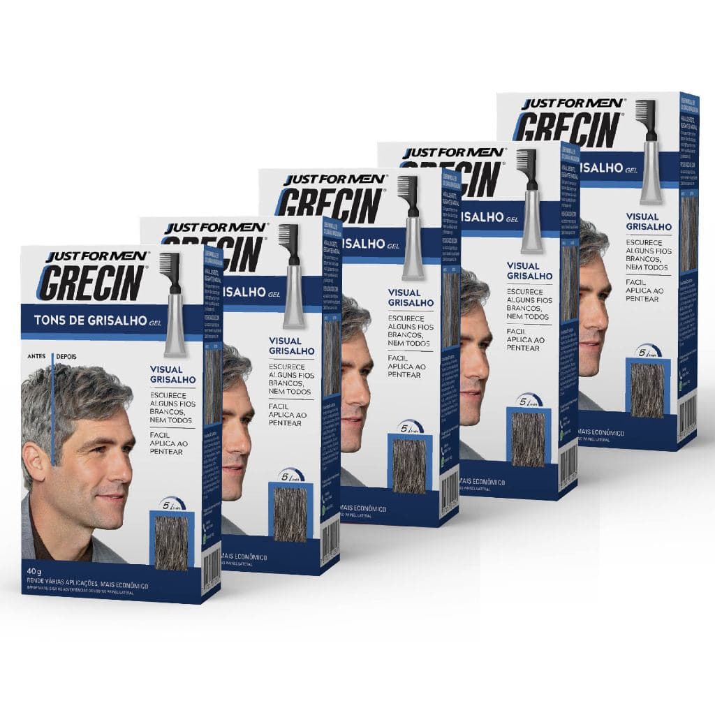 Kit 5x unidades Grecin Tons de Grisalho Gel Tonalizante - Escurece fios brancos - Aparência natural - Aplique ao pentear