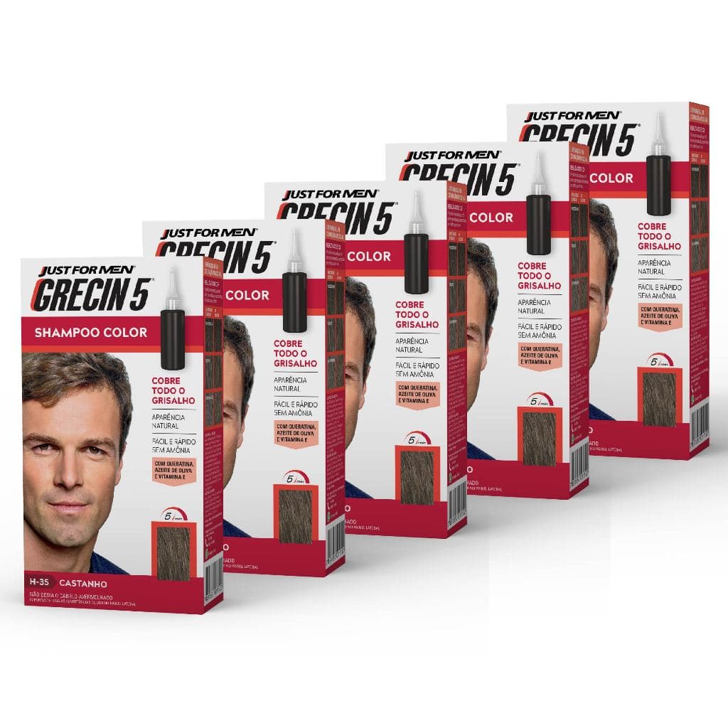 Kit 5x unidades - Grecin 5 Shampoo Tintura Tonalizante Castanho H-35 60ml - Cobre os cabelos grisalhos em 5 minutos.