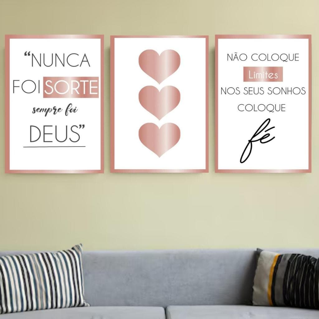 Kit 3 Peças Quadros Nunca Foi Sorte Sempre Foi Deus Três Corações
