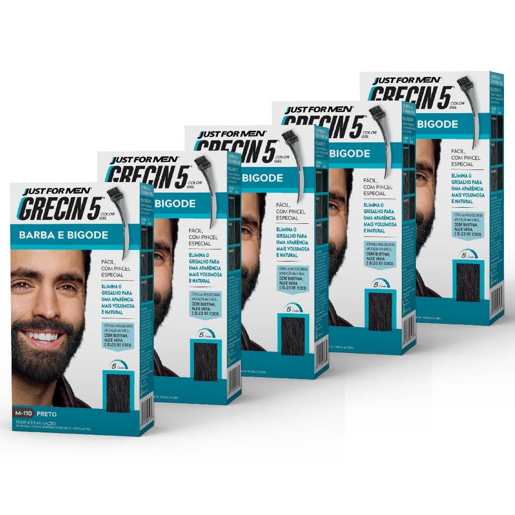 Kit 5x unidades Grecin 5 Color Gel TIntura Tonalizante Barba e Bigode Preto M-110 - Cobre os fios grisalhos em 5 minutos