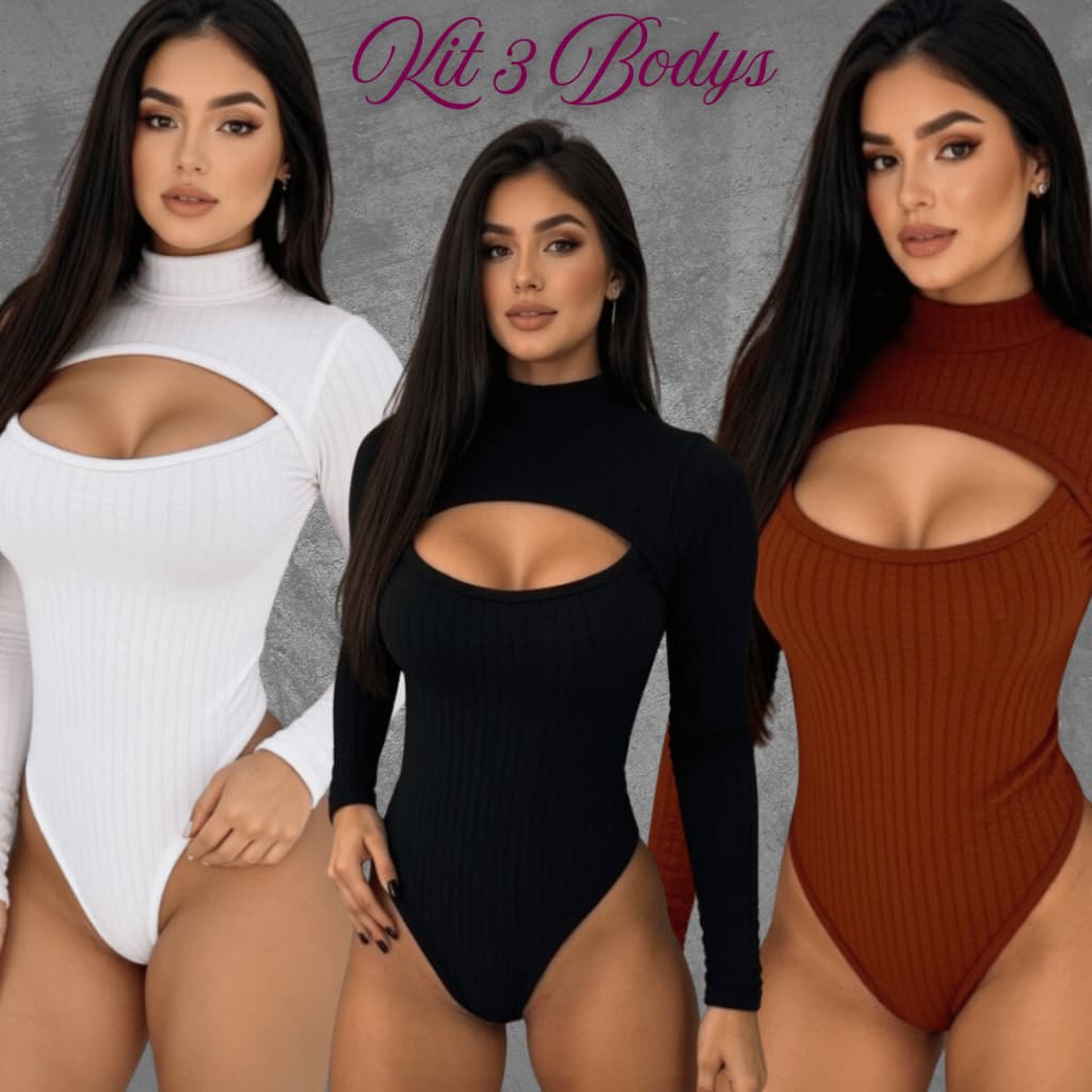 kit 3 Body Feminino Manga Longa Bubble Gola Alta Com Decote Outono Inverno Frio Moda Premium