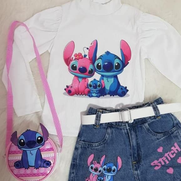 Conjunto Infantil Menina  STITCH Blusa + Short Jeans + Bolsinha Stitch