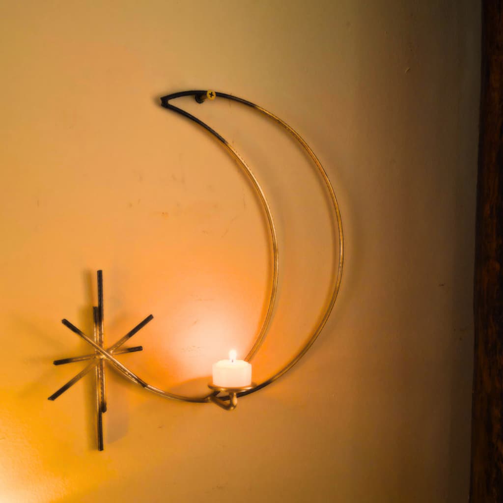 Porta-Vela Lua em Ferro Dourado 35×30 cm | Decoração de Parede Artesanal Premium