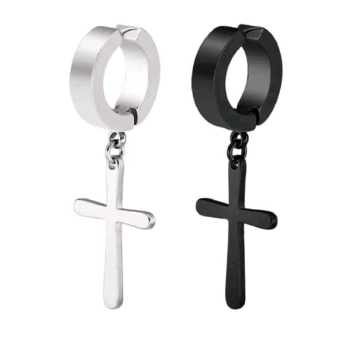 Brinco Pressão Preto ou Prata  Argola crucifixo unissex da moda em aço cirúrgico