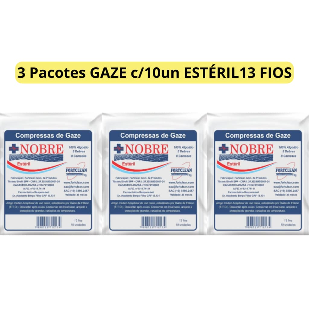 Compressa Gaze 3 Pacotes 10unidades 13 Fios Nobre Hidrófila Estéril