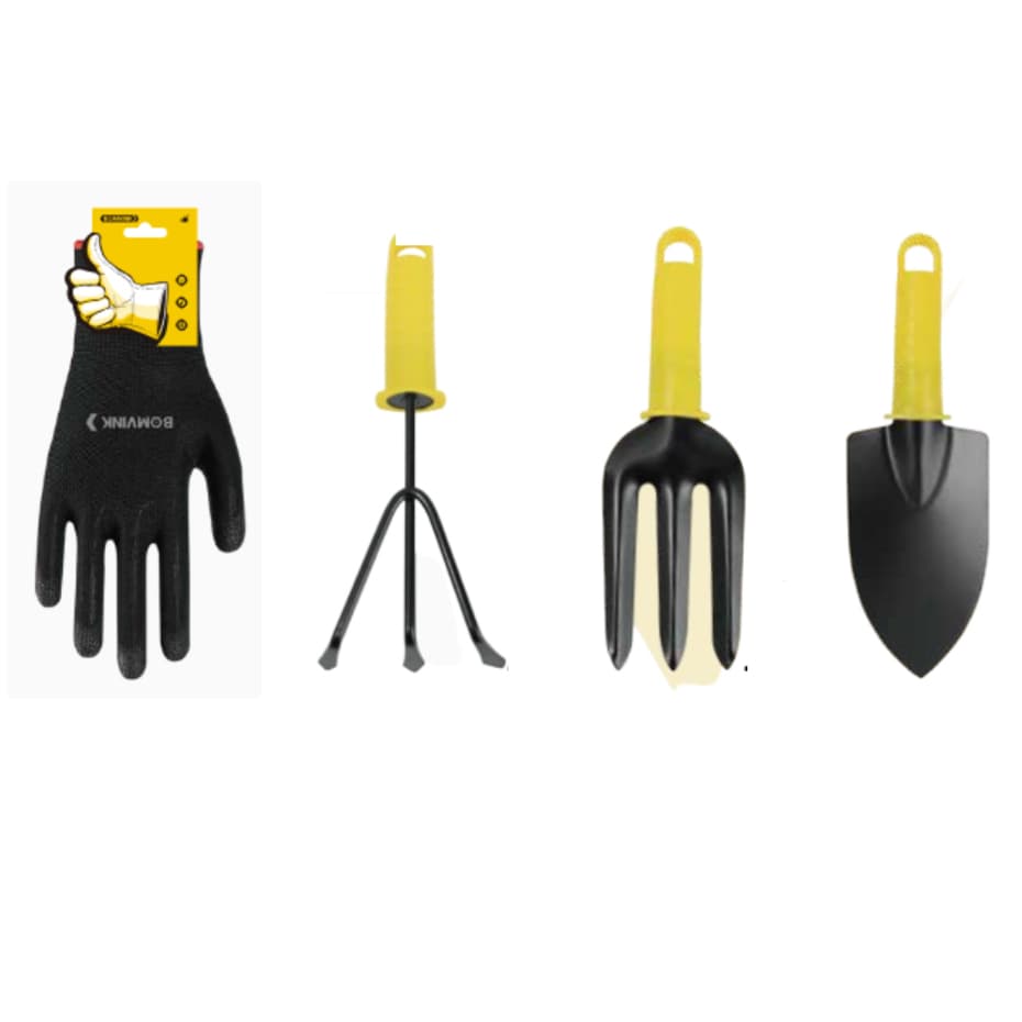 Conjunto Kit Jardinagem Jardim 4 Peças Metal Pá Garfo Rastelo Com Luva PU para plantas hortas flores