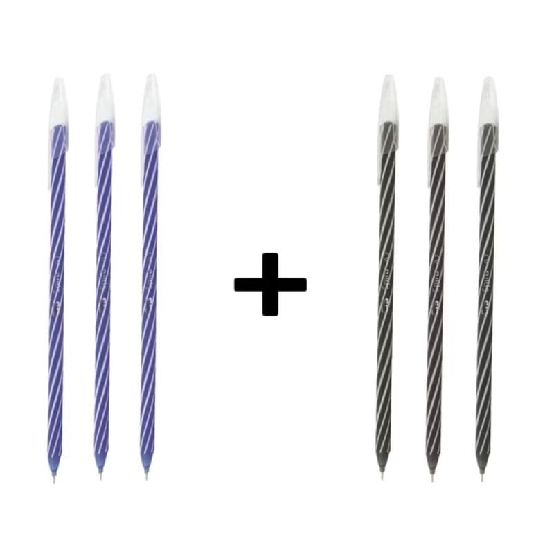 Kit 3 Canetas Esf. Spiro Preta + 3 Canetas Esf. Spiro Azul