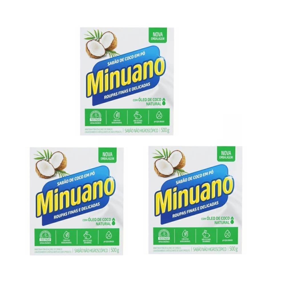 Kit 3 Sabão Em Pó Coco Minuano Caixa 500g Roupas Delicadas