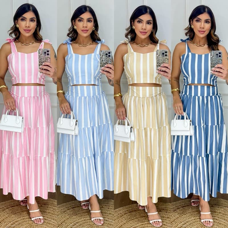 Conjunto Sofia Listrado Saia Mídi e Cropped No Tecido Tricoline Super Elegante Moda Verão