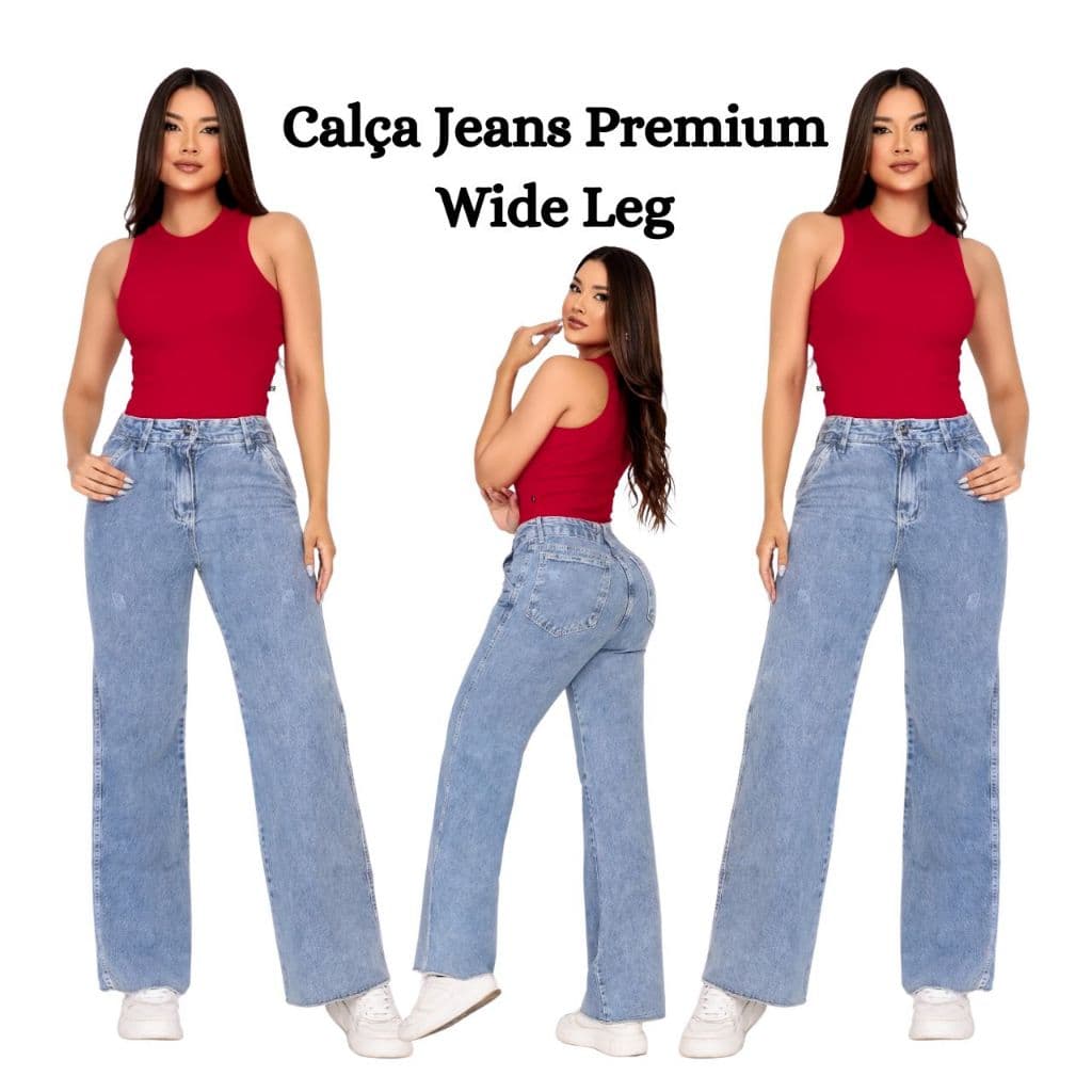 Calça Jeans Feminina Premium Wide Leg Cintura Alta Barra Larga flare Modeladora Marmorizada Clara Sem Elastano Laicra