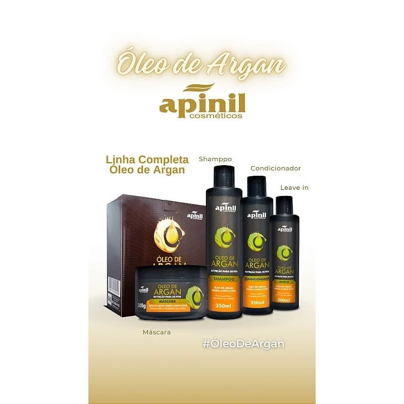 Kit Capilar Óleo de Argan Apinil com (4 itens) - Apinil Kit Capilar Argan 4 Itens | Hidratação | Brilho Intenso | Cabelo