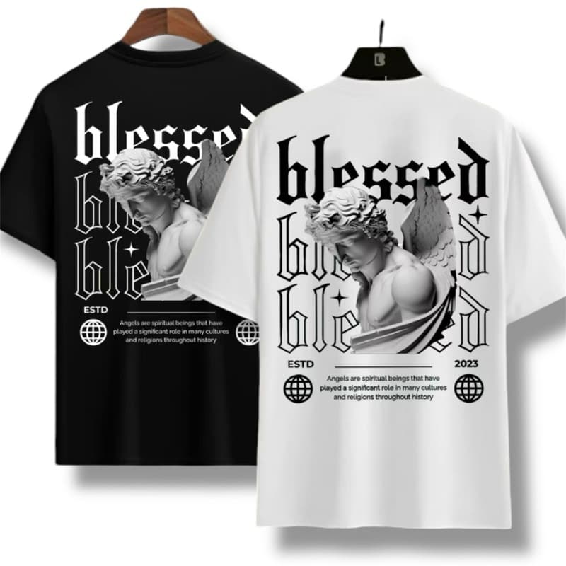 Camiseta Oversized Masculino Algodão Premium Blessed Blusa Larga Treino Streetwear Moda Estampado Anjo Maromba