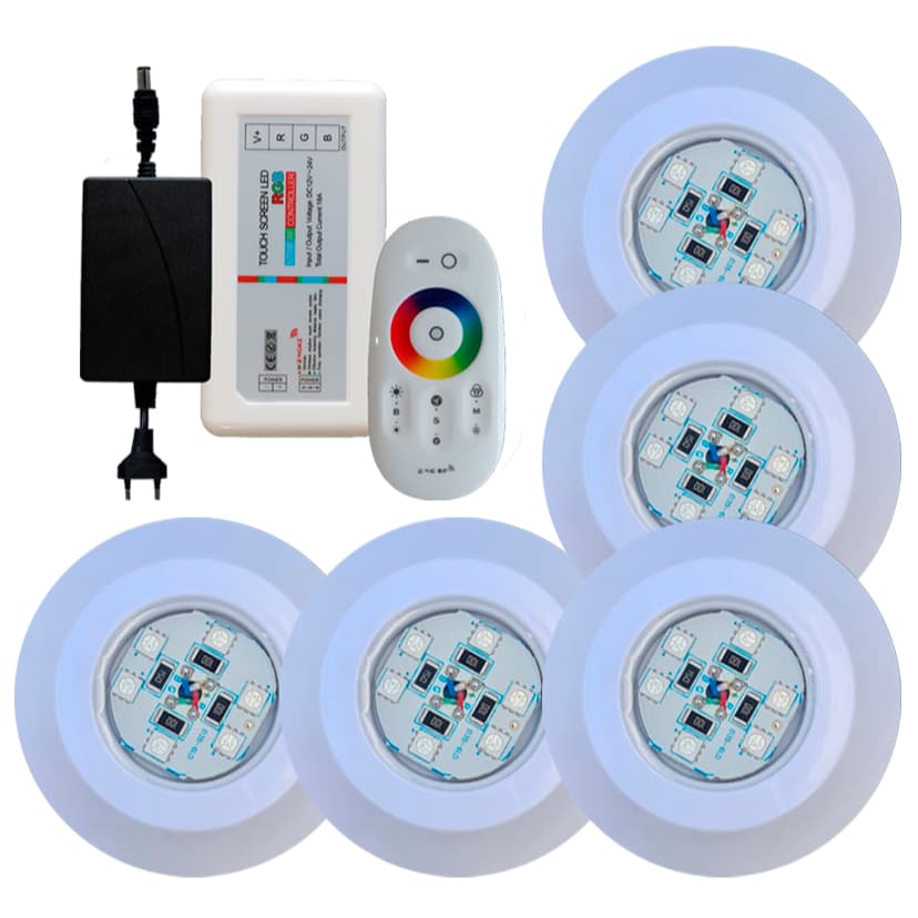 Kit Iluminação Refletor 5 Led 9w Rgb Piscinas Controlador Touch + Fonte