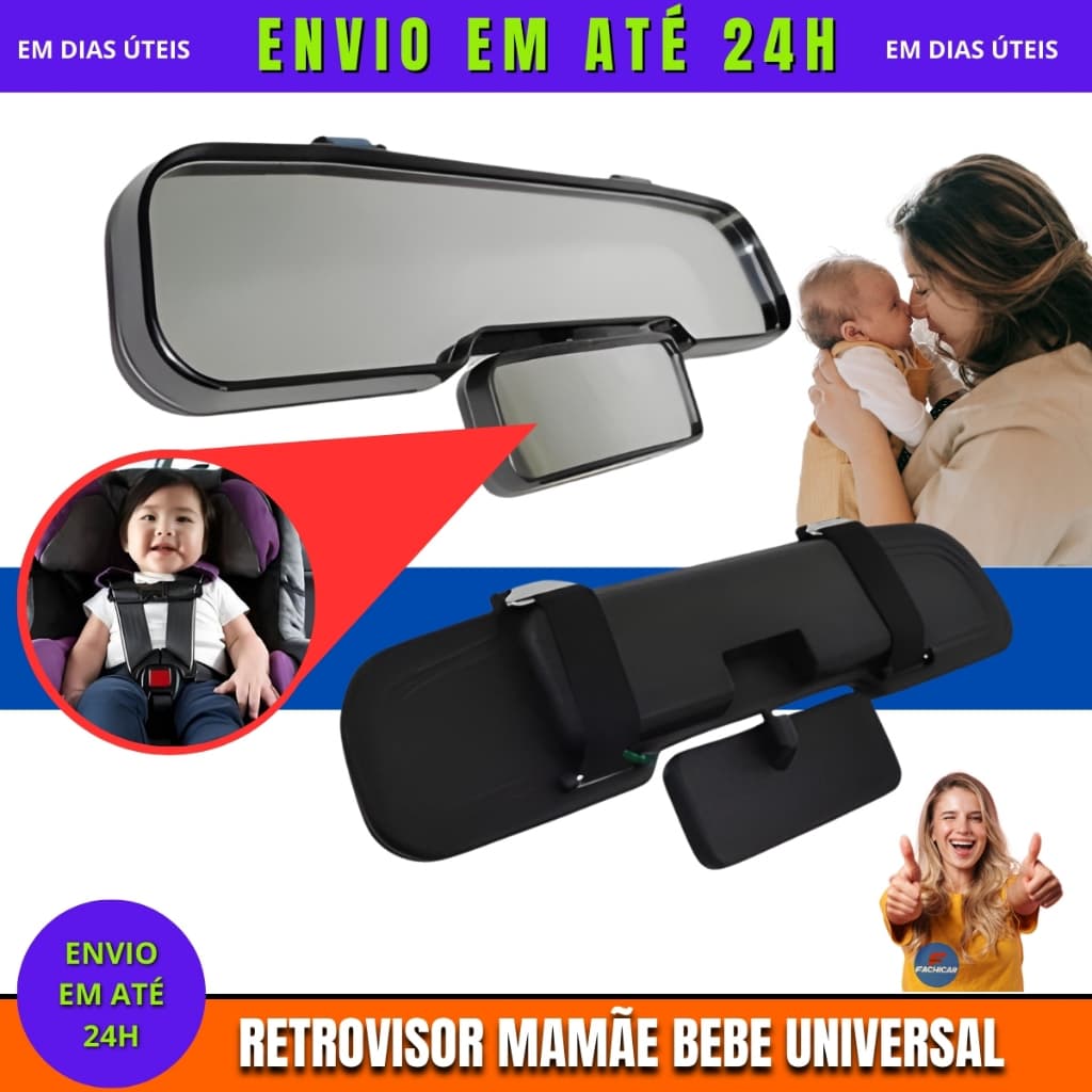Espelho Retrovisor Interno Ajustável Vigia Mamãe Bebê Universal Carro 2 Em 1 Com Vigia