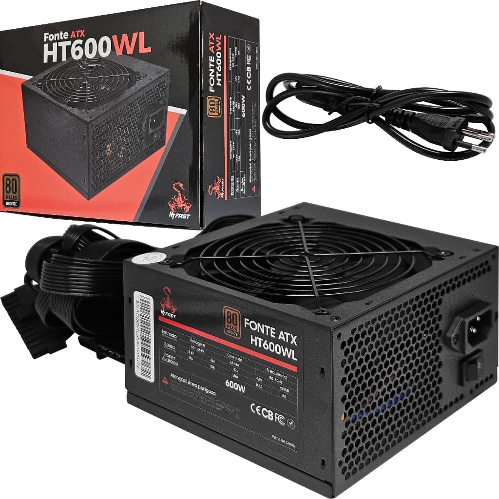 Fonte de Alimentação Atx 600W Gamer 80plus Bronze Power Supply HT600WL