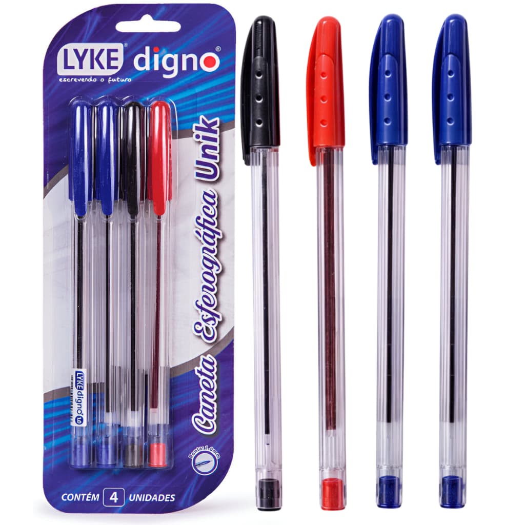Kit 4 Caneta Esferográfica 1mm Tinta Cor Azul Vermelho Preto