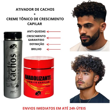 Kit Ativador de Cachos + Creme Tônico Anti-quedas masculino para crescimento cabelos cacheados Homem