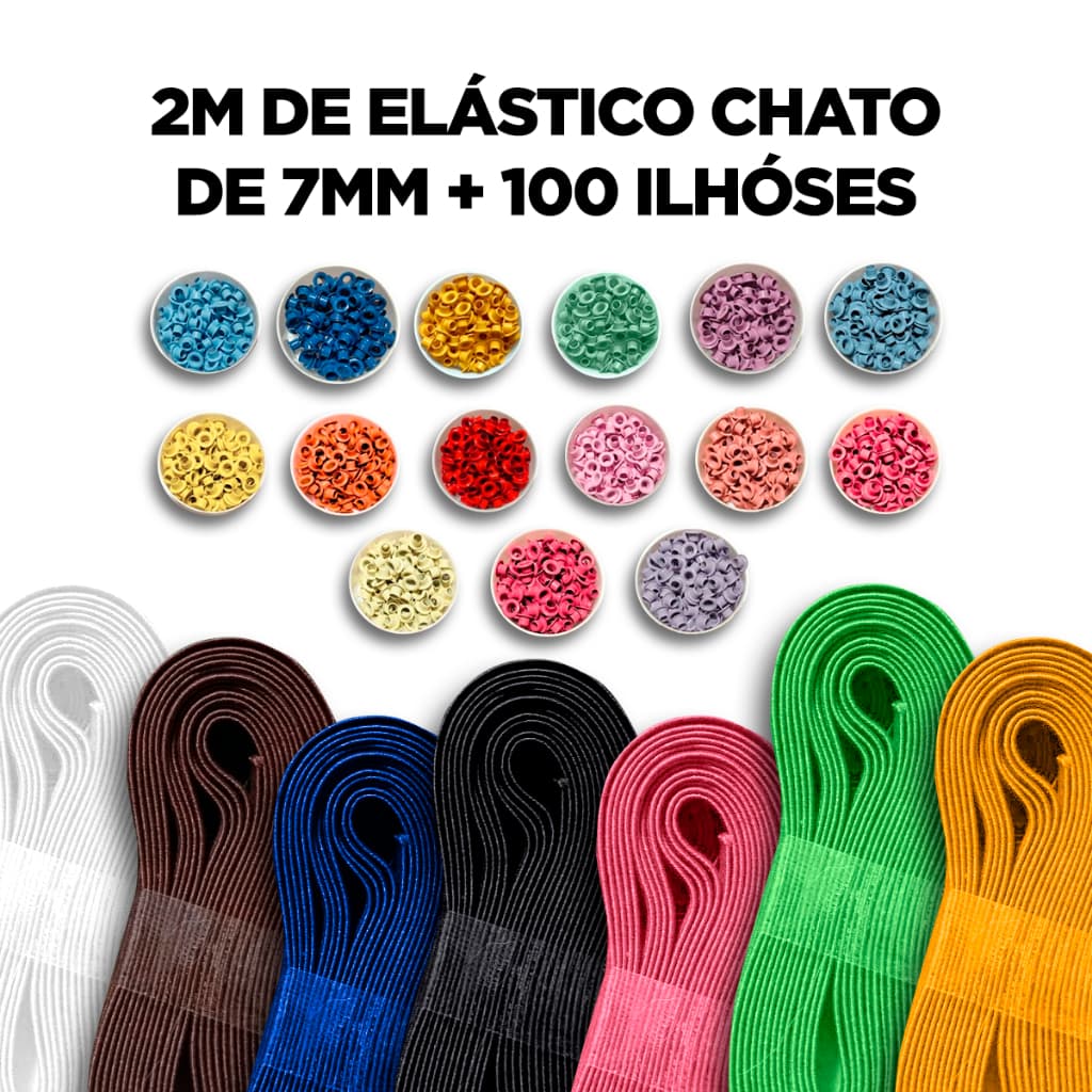 Kit Elástico Chato 7mm 2 metros + Ilhos n.54 Alumínio Para Artesanato