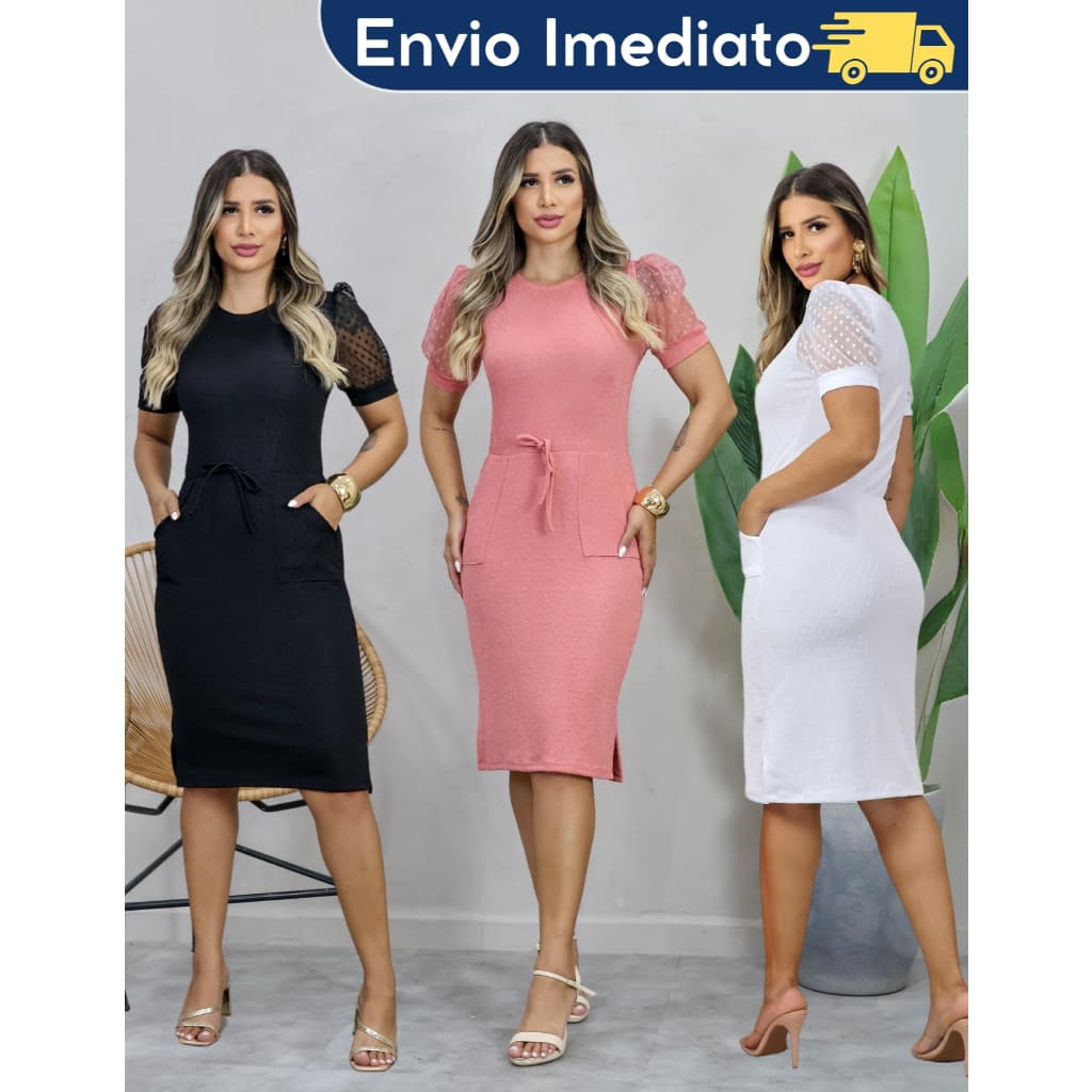 Vestido Midi Manga Princesa e Bolso Funcional Laço e Fenda pequeno na lateral da saia