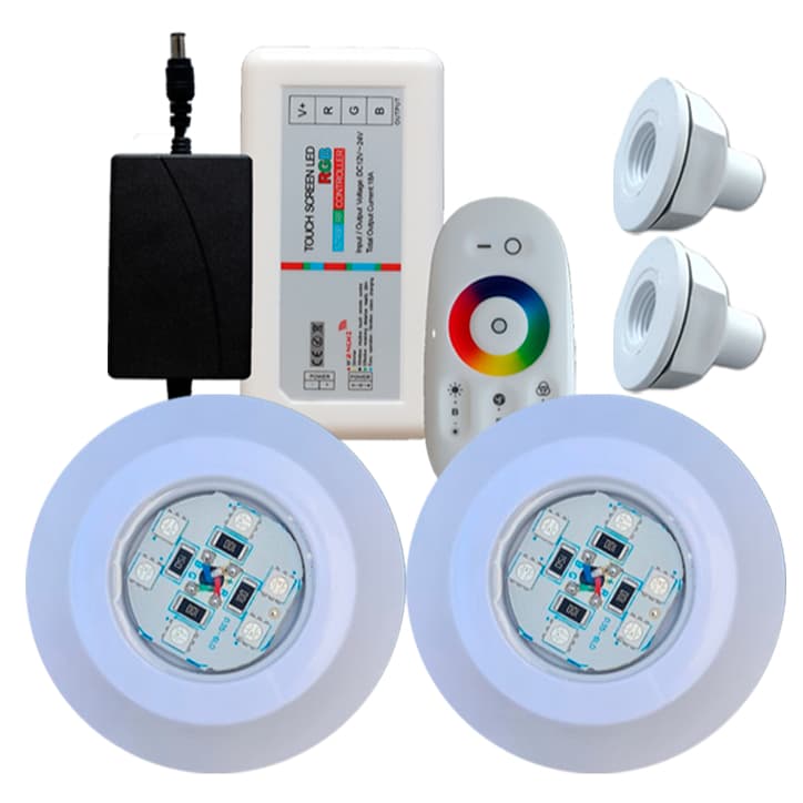 Kit Iluminação Refletor 2 Led 9w Rgb Piscinas de Fibra Com Controlador Touch + Fonte