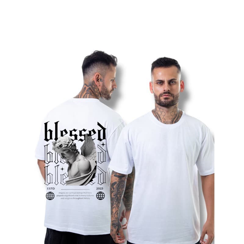 Camiseta Camisa Oversized Masculino Moda Academia Treino Blessed Estampada Anjo Maromba Algodão Premium Unissex 30.1
