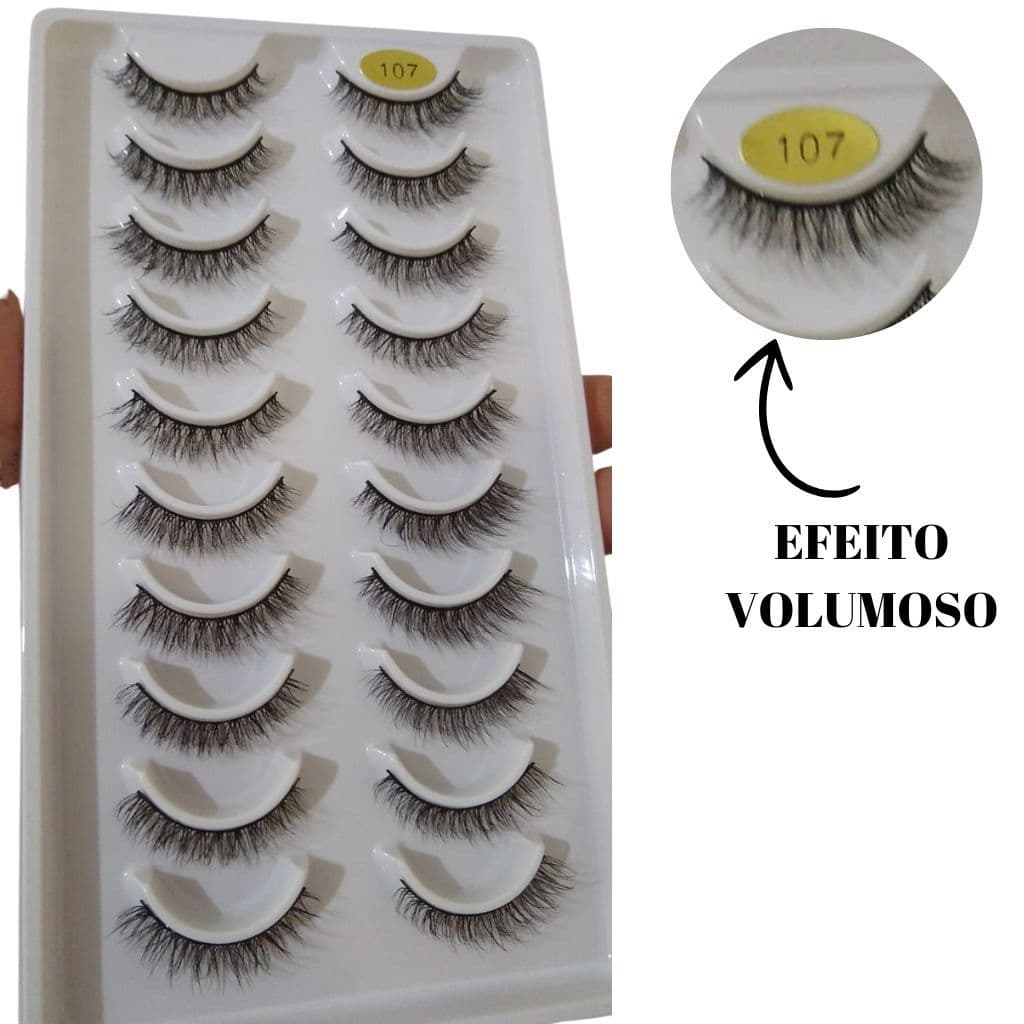 Cartela de Cílios Postiços 3D107 com 10 pares de cílios postiços estilo natural