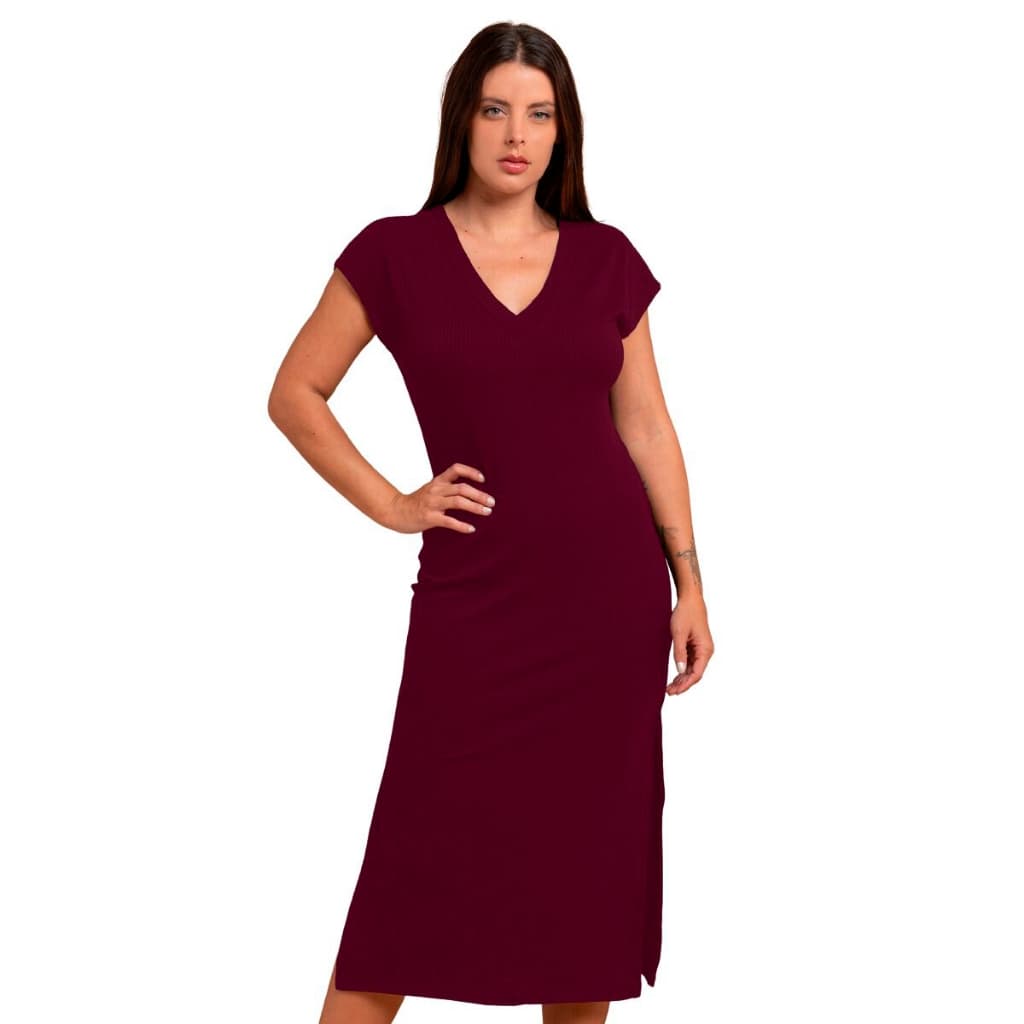 Vestido Midi Com Fenda Lateral  Decote V Canelado Premium