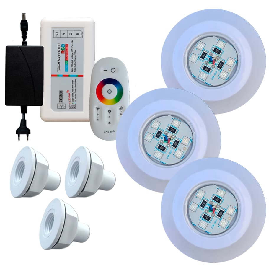 Kit Iluminação Refletor 3 Led 9w Rgb Piscinas de Fibra Com Controlador Touch + Fonte