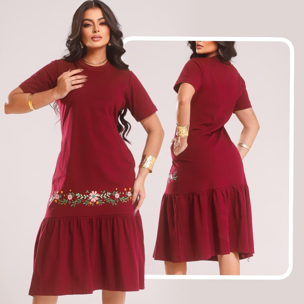 Vestido Midi 3 Marias Babado Moda Elegante Moda Casual Slik Flores Floral Soltinho Com Manga
