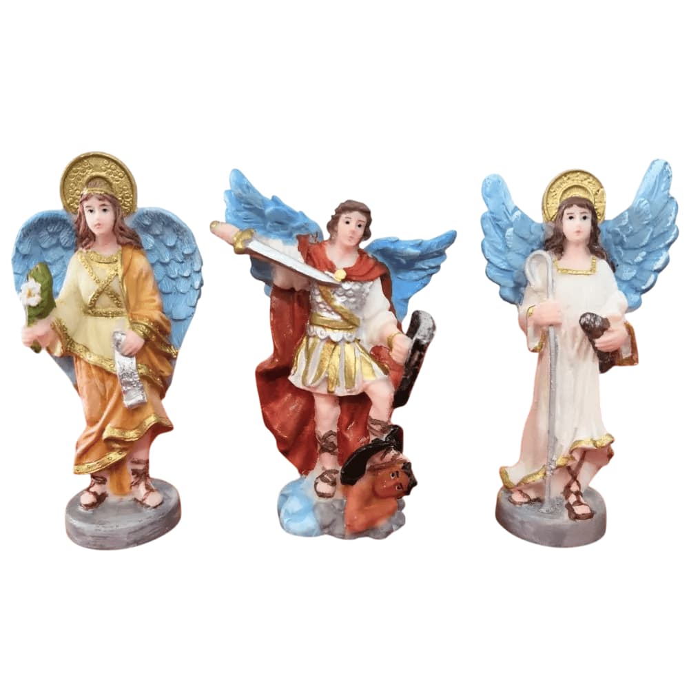 3 Imagens de Arcanjos São Miguel, São Rafael e São Gabriel em Resina - 9 cm Anjo Anjinho