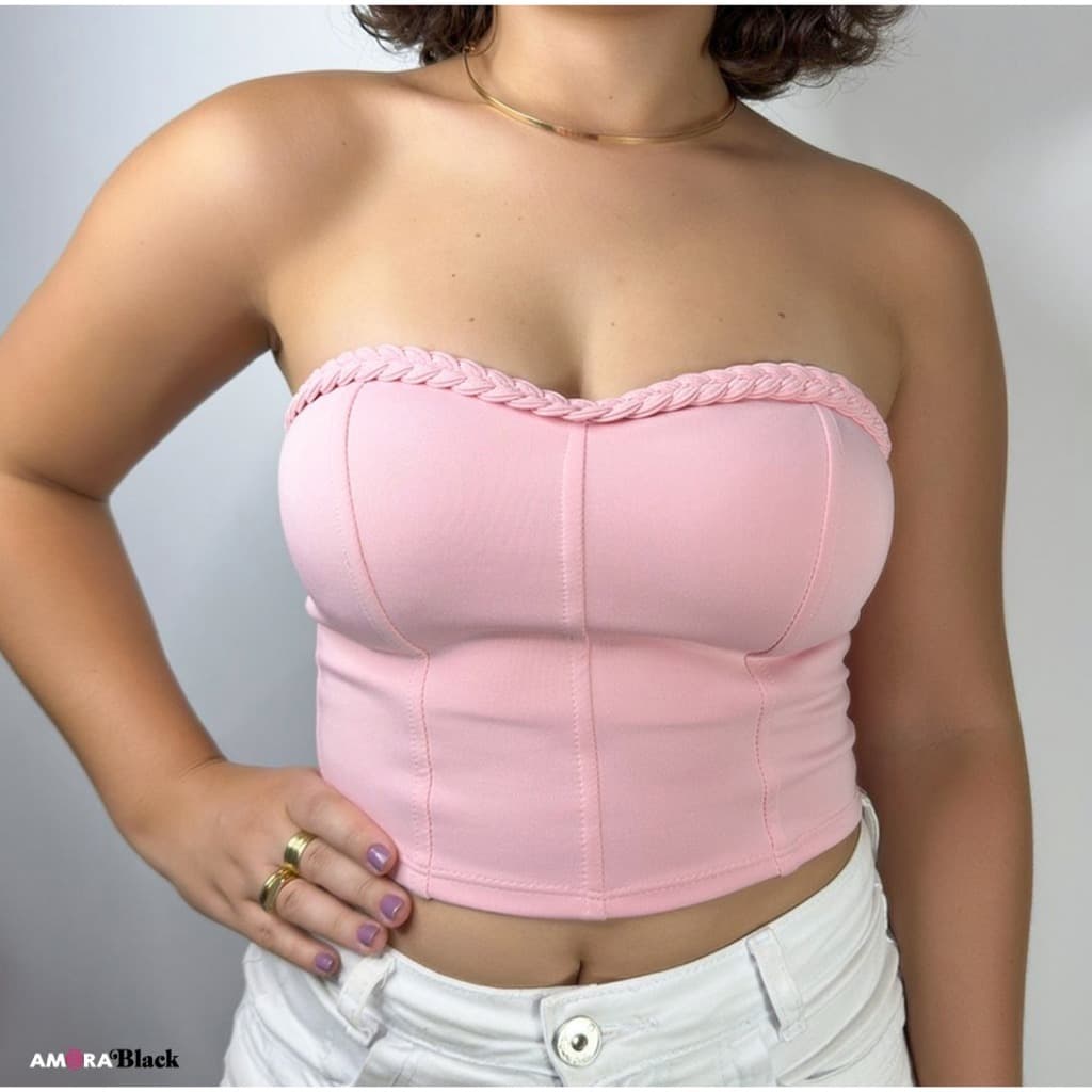 Top Cropped Neoprene De Alça Trançada Moda Verão com Bojo