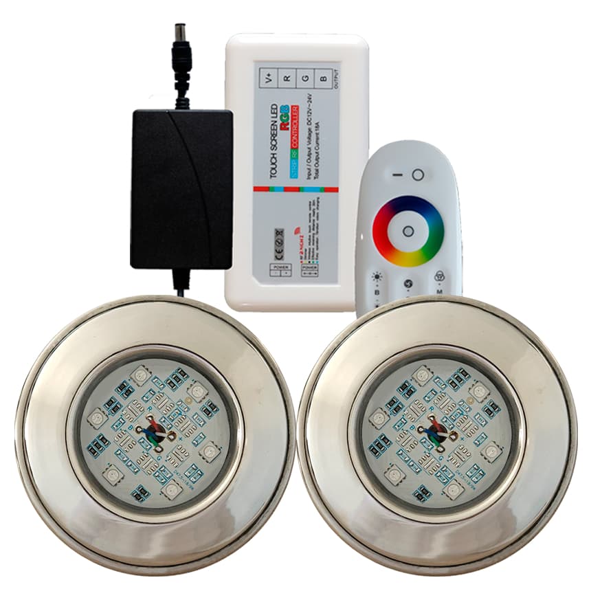 Kit Iluminação Refletor 2 Led Inox 9w Rgb Piscinas Controlador Touch + Fonte