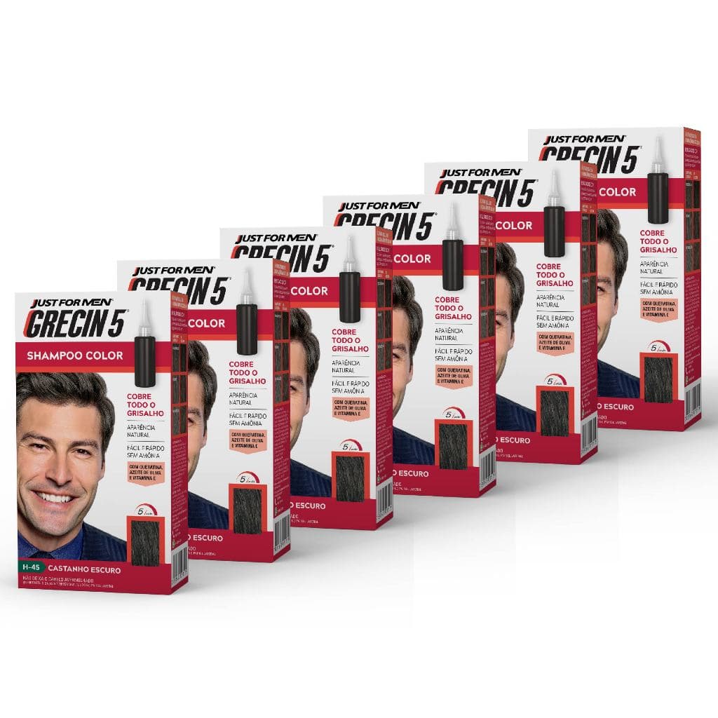 Kit 6x unidades Grecin 5 Shampoo Tintura Tonalizante Castanho Escuro H-45 60ml - Cobre os cabelos grisalhos em 5 minutos