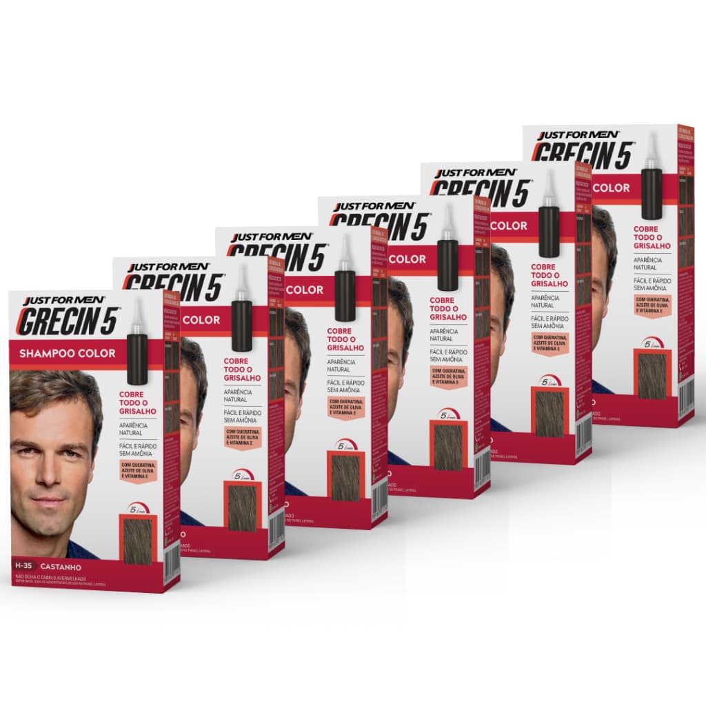 Kit 6x unidades - Grecin 5 Shampoo Tintura Tonalizante Castanho H-35 60ml - Cobre os cabelos grisalhos em 5 minutos.