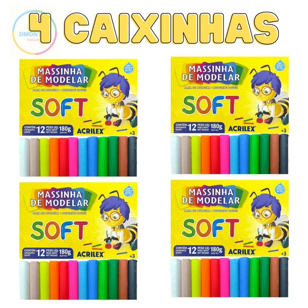 Massinha de Modelar Massa escolar Acrilex 12 Cores- 4 Caixinhas