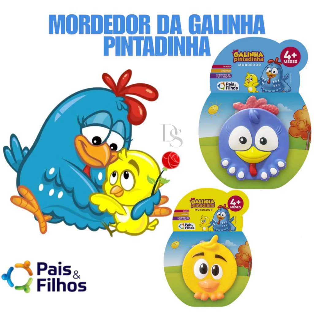 Mordedor Macio em Vinil Infantil Pintinho Amarelinho ou Galinha Pintadinha Pais & Filhos Aprox 11cm