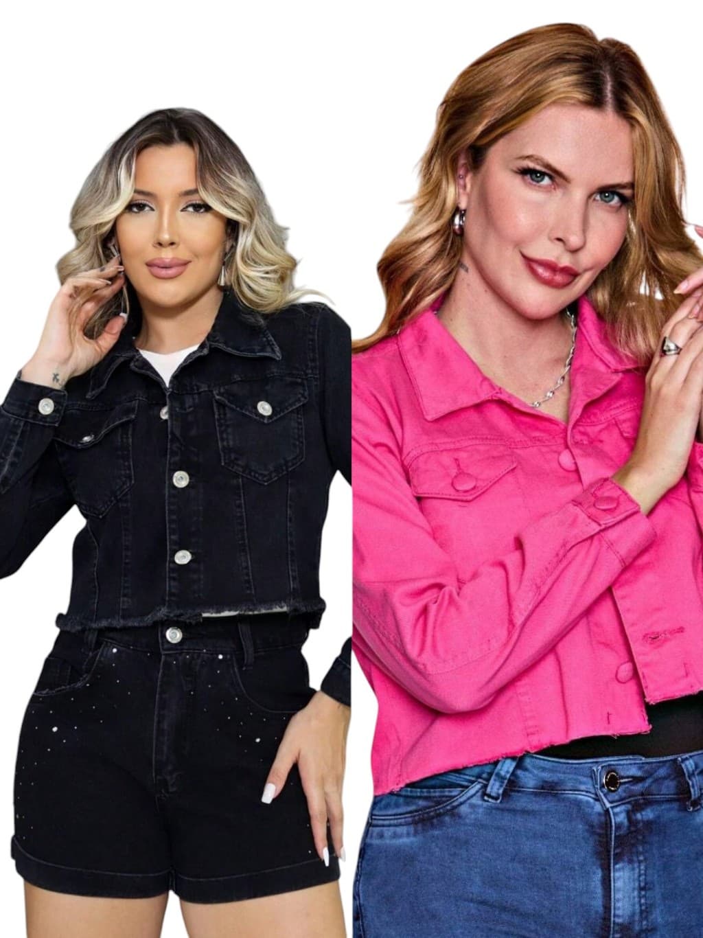 Kit 2 Jaqueta Cropped Jeans Botoes Bolso Premium Moda Feminina