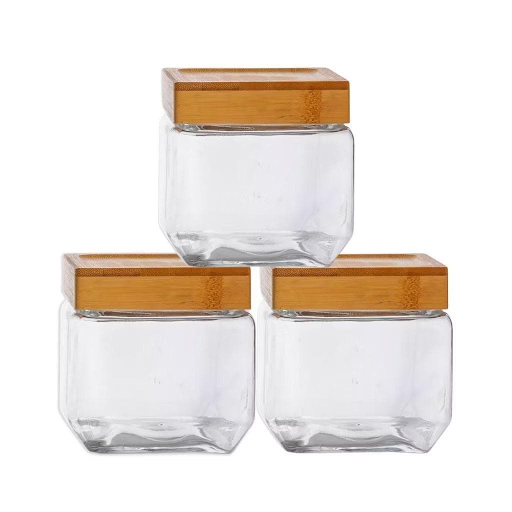Kit 3 potes de vidro 880 ml Com Tampa De Bambu hermético