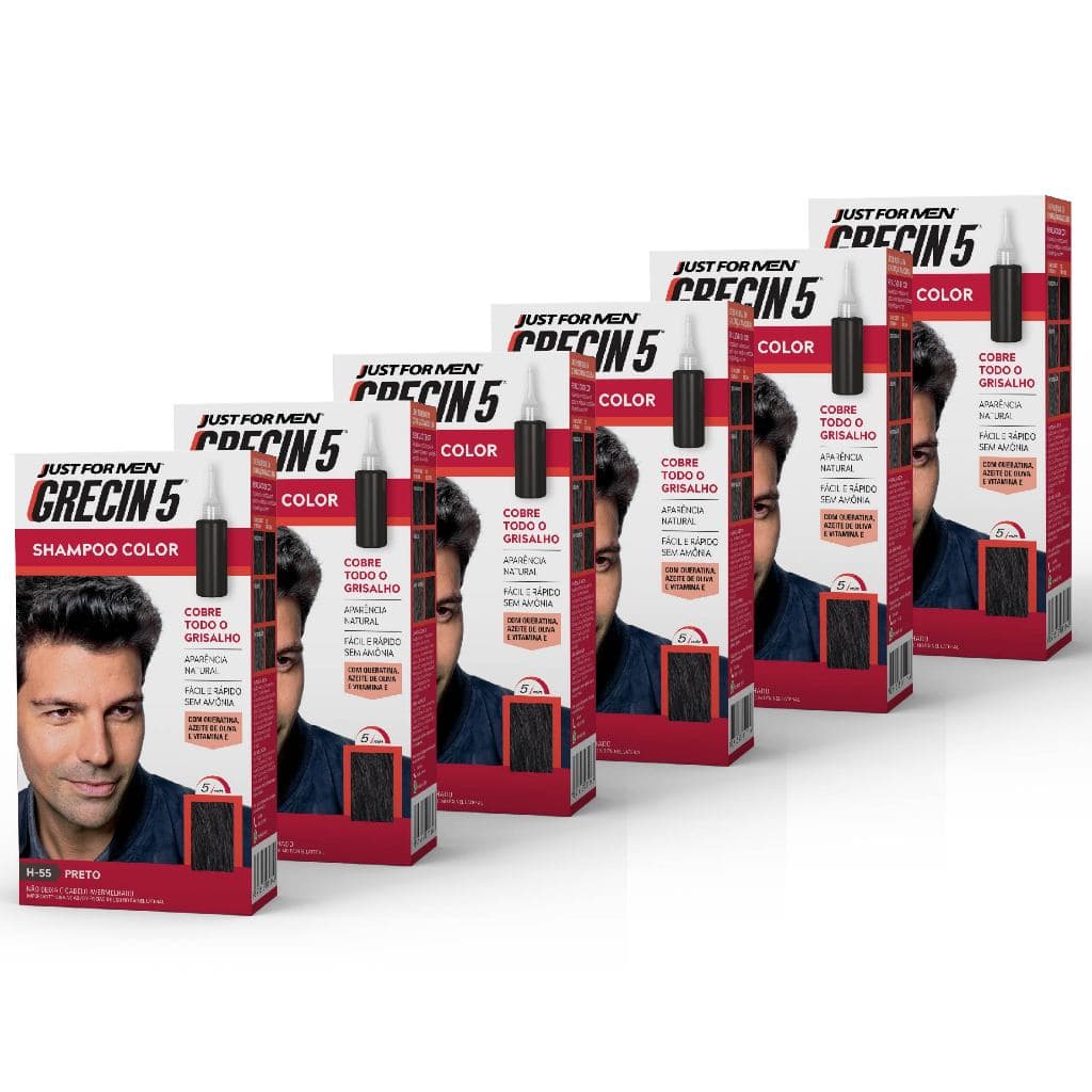 Kit 6x unidades - Grecin 5 Shampoo Tintura Tonalizante Preto H-55 60ml - Cobre os cabelos grisalhos em 5 minutos.